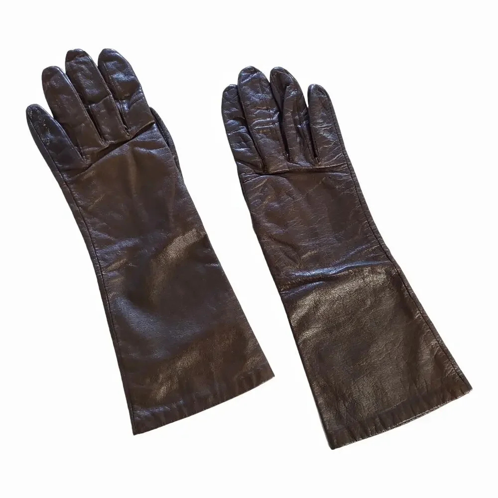 Vintage Leather Gloves Brown 3/4 Length Retro Accessories Size Large Winter Wear
